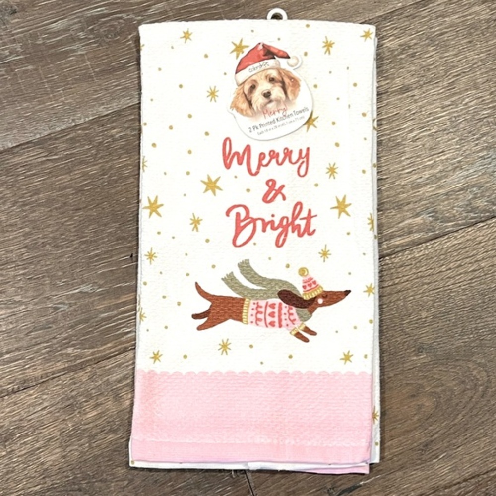 Colordrift - ‘Merry & Bright - dachshund’ dish towels (2). NWT Last one!